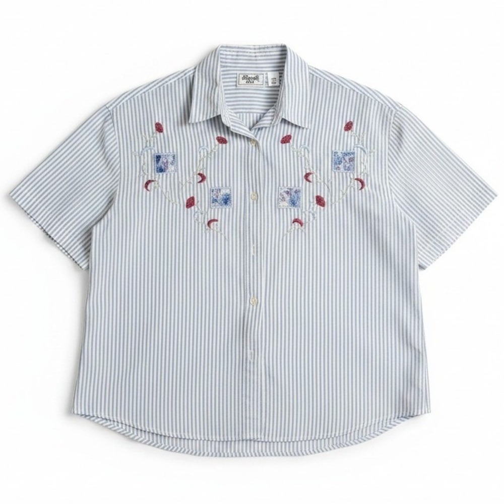 Keneth Too! Blue White Striped‎ Embroidered Floral Button Down, Women's Medium
